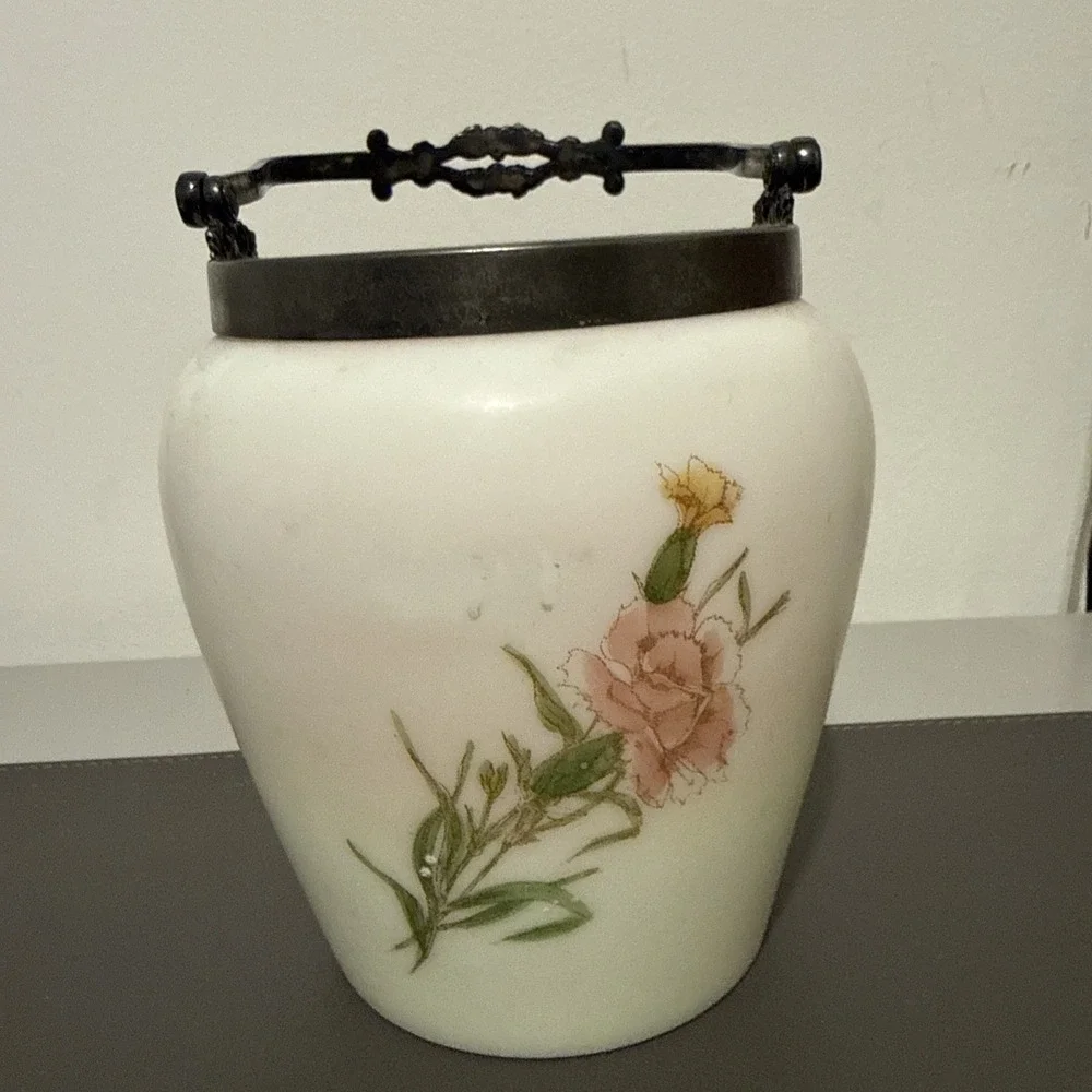 Antique Milk Glass Biscuit Jar Silver Plate Hand Painted Victorian England 6in